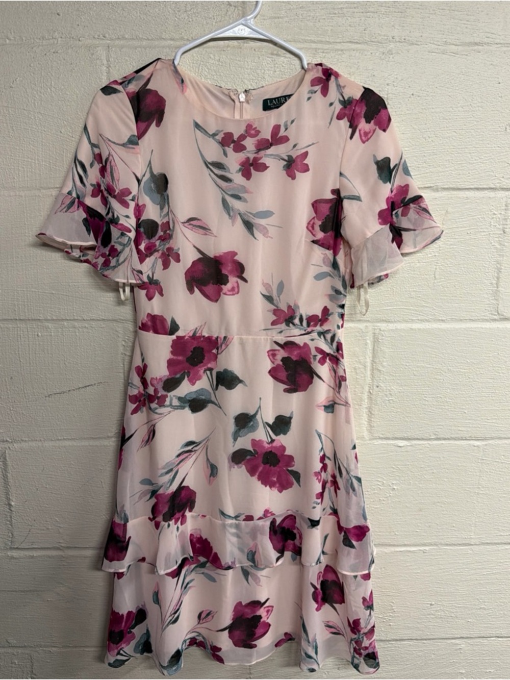 Lauren Ralph Lauren Pink Floral Chiffon Ruffle Knee Length Dress SZ 0 ROMANTIC